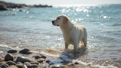 Obraz premium Labrador Retriever in shallow water near rocks, illustrating pet outdoor exercise