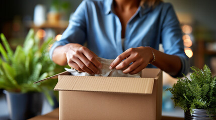 Faceless small business owner packing order in cardboard box, e-commerce fulfillment, entrepreneurship, shipping preparation, home business operations, with copy space