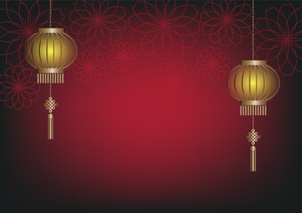 Traditional Chiness style golden lantern on red flower graphic background with copy space. for chinese new year.