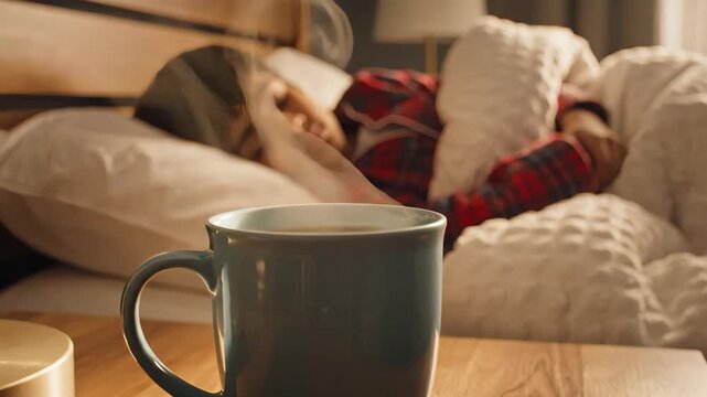 Steaming mug of hot tea on a bedside table with a sick boy sleeping in the background. Child in plaid pajamas resting in bed recovering from the flu. Winter health care concept