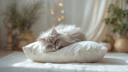 Siberian breed long-haired cat resting on pillow, focusing on comfort and sleep posture