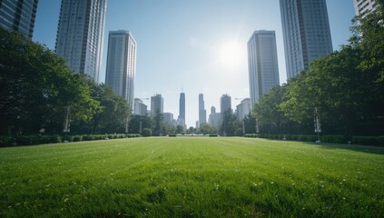 Obraz premium Urban park area with grass and garden setting adjacent to high-rise buildings, supporting city ecology
