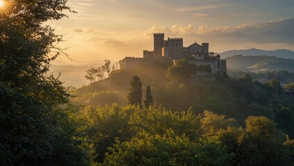 Fototapeta premium Sunlit medieval city with fortress and castle remnants, trees framing historic walls, San Marino, Italy, architectural history