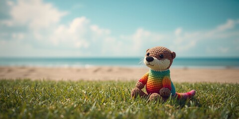 Brightly colored crochet otter positioned on a sandy beach, designed for children's decor or digital interfaces