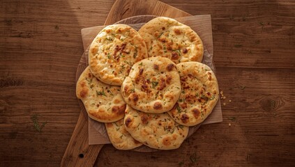 Flatbread cooked in a tandoor oven resting on a rustic wooden board, highlighting artisanal preparation