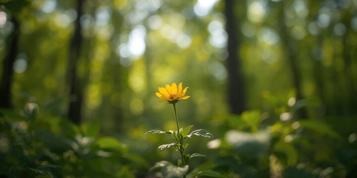 Forest scene with yellow soka flower, botanical growth in a shaded setting