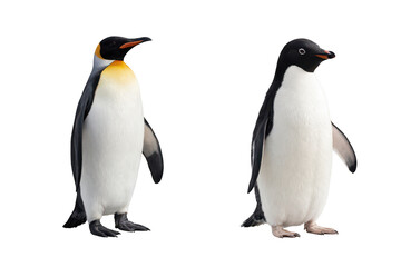 Obraz premium Two penguins standing on transparent background, realistic penguin cutout pair, black and white seabirds with yellow neck detail, antarctic wildlife for nature design 