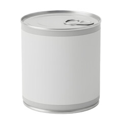 White tin food can with blank label and pull tab lid for packaging mockup isolated on white or transparent background.