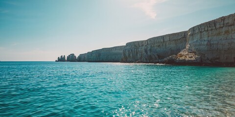 Seaside landscape with rocky shoreline close to Cavo Greco in Protaras, Cyprus, for editorial header backgrounds