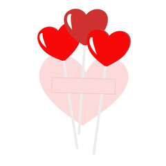A cluster of three glossy red heart-shaped balloons with white highlights, tied together with a light pink tape, soft pink heart shadow in the background, cute 2D style