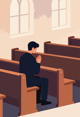 Man praying in a church pew