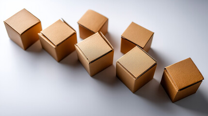 Fototapeta premium Cardboard boxes arranged diagonally white surface, top view, seven brown boxes in row, visually appealing pattern, logistics concept, with copy space