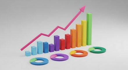 Colorful 3d bar graph and pie charts showing upward trend and growth, isolated on white background