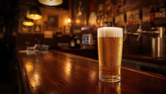 Traditional pub interior with a pint of beer on the bar, highlighting social drinking scene