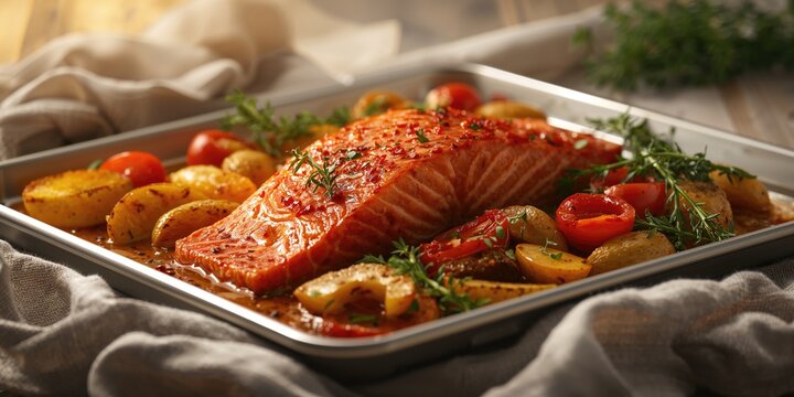 Salmon fillet with chili honey glaze, roasted alongside vegetables, highlighting nutritious meal preparation, World Food Day