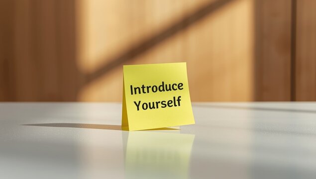 Workstation featuring a handwritten note for self-introduction, highlighting professional setup and interpersonal clarity