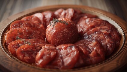 Obraz premium Detailed view of sausage meat highlighting processing texture for quality control, food safety, World Food Day