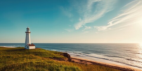 Lighthouse standing alone on a beach with water and sky during summer, landscape for travel and nature scenes