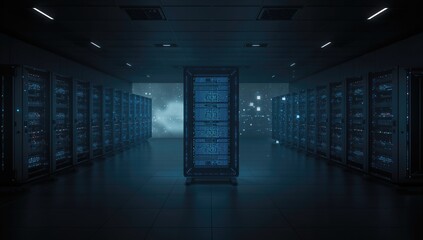 Visual simulation of server racks within a data center using VFX, focusing on online traffic flow and digital data transmission, network reliability