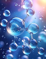 Molecular structure visualization, abstract blue spheres with glowing background