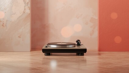 Retro turntable vinyl record player on background, highlighting sound equipment for music listening