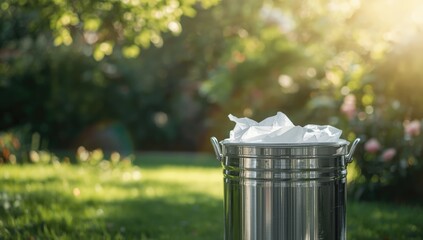 Waste receptacle containing a plastic bag, serving as a sanitation and waste management tool