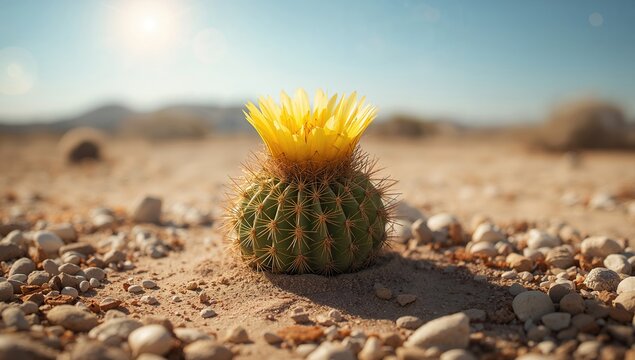 Bright yellow blossoms on a desert cactus with spiky green segments, arid environment adaptation, Earth Day