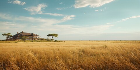 Panoramic scene of African savannah with tall grasses and sparse trees, suitable for environmental awareness campaigns