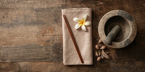 Frangipani flower and napkin on wooden surface used for floral decoration, Earth Day