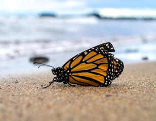 Monarch butterfly rests on sandy beach, waves in background