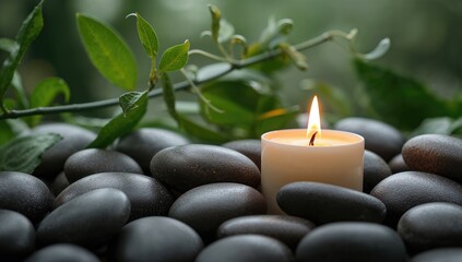 Relaxing spa scene featuring a collection of pebbles arranged aesthetically, ideal for spa and wellness backgrounds