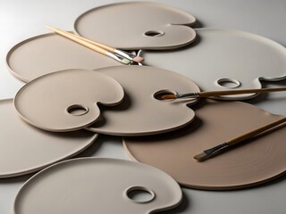 Minimalist arrangement of artist palettes with brushes in muted tones