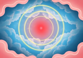 Radiant celestial sphere, cloudscape, concentric rings, ethereal concept