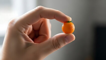 Miniature orange in hand exhibiting the fruit's textured surface