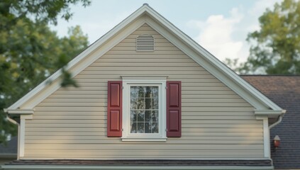 Gable featuring beige vinyl siding and white-framed double hung window, red shutters on a pitched roof attic of a high-end American home, architectural design