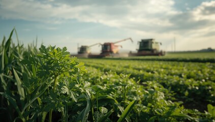 Herb harvesting scene with machinery working in a lush parsley crop, focusing on agricultural productivity
