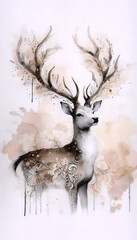 A majestic deer with antlers watercolor print, Ai generated image