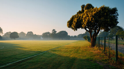 Calm school field corner with gentle sunrise haze, green grass, and large tree