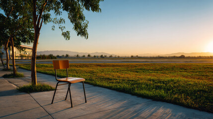 Calm school field corner with gentle sunrise haze, empty chair, peaceful morning scene