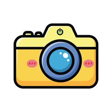 Yellow Cartoon Camera Illustration with Blue Lens.