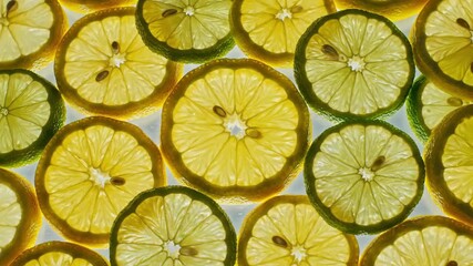 Bright yellow and green citrus slices are beautifully arranged in a sunny kitchen. The freshness and vivid colors invite viewers to enjoy the taste of summer and healthy delights.
