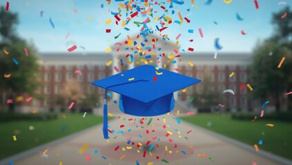 Blue mortarboard with confetti, marking educational success during graduation ceremony