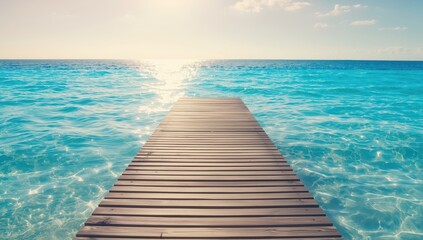 Seaside wooden dock with calm blue waters, ideal for recreational boating and relaxation