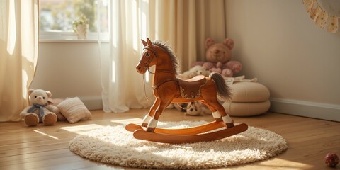 Child's wooden rocking horse as a vintage toy or nursery accessory, emphasizing classic craftsmanship