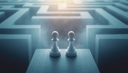 Chess pawns positioned at maze entry illustrating navigation challenges in corporate mergers, focusing on decision pathways