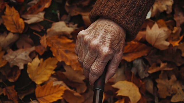 Elderly hand holding a cane amidst autumn leaves, symbolizing aging and support