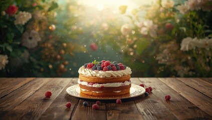 Baked cake garnished with seaberry, designed for dessert display and flavor accentuation