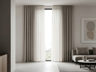 Minimalist living room with soft neutral hues and flowing curtains, serene space