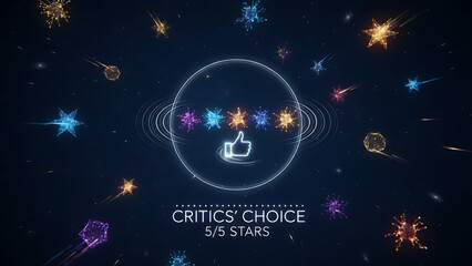 Vibrant abstract illustration of a glowing five-star rating and thumbs-up symbol, signifying critics' choice, ultimate quality, and superior performance achievement