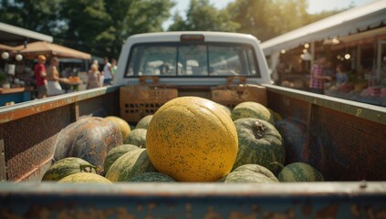 Ripe muskmelon from Eastern Iowa, sold directly from a truck in Cedar Rapids during summer harvest, focusing on local food sourcing